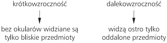 Krótkowzroczność (bez okularów widziane są tylko bliskie przedmioty); dalekowzroczność (widzą ostro tylko oddalone przedmioty).