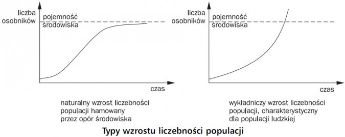 Typy wzrostu liczebności populacji. Liczba osobników, czas, pojemność środowiska. Naturalny wzrost liczebności populacji hamowany przez opór środowiska. Wykładniczy wzrost liczebności populacji, charakterystyczny dla populacji ludzkiej.