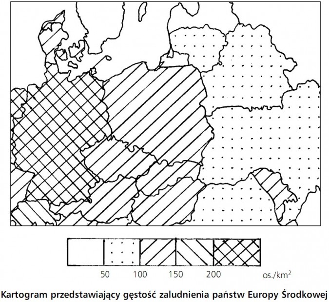 Kartogram przedstawiający gęstość zaludnienia państw Europy Środkowej.