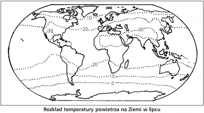 Rozkład temperatury powietrza na Ziemi w lipcu.
