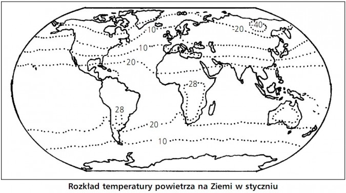 Rozkład temperatury powietrza na Ziemi w styczniu.
