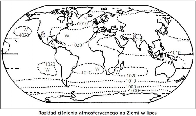 Rozkład ciśnienia atmosferycznego na Ziemi w lipcu.