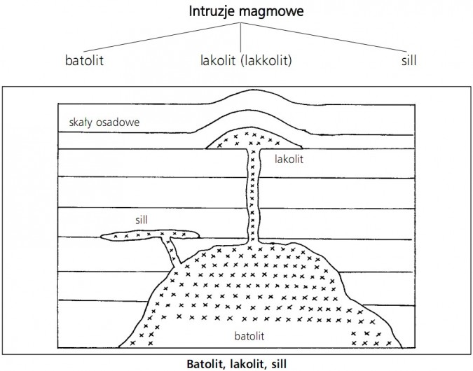 Intruzje magmowe. Batolit, lakolit (lakkolit), sill. Skały osadowe.