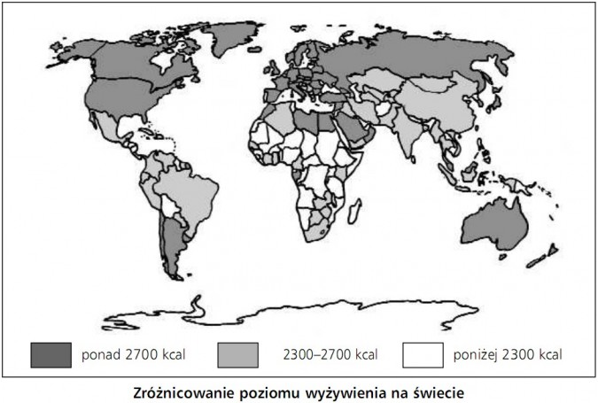 Zróżnicowanie poziomu wyżywienia na świecie. Ponad 2700 kcal, 2300-2700 kcal, poniżej 2300 kcal.