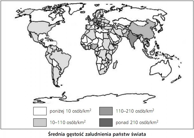 Średnia gęstość zaludnienia państw świata. Poniżej 10 osób/km2, 10-110 osób/km2, 110-210 osób/km2, ponad 210 osób/km2.