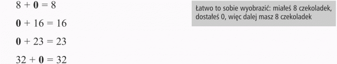 Dodawanie. Łatwo to sobie wyobrazić: miałeś 8 czekoladek, dostałeś 0, więc dalej masz 8 czekoladek.