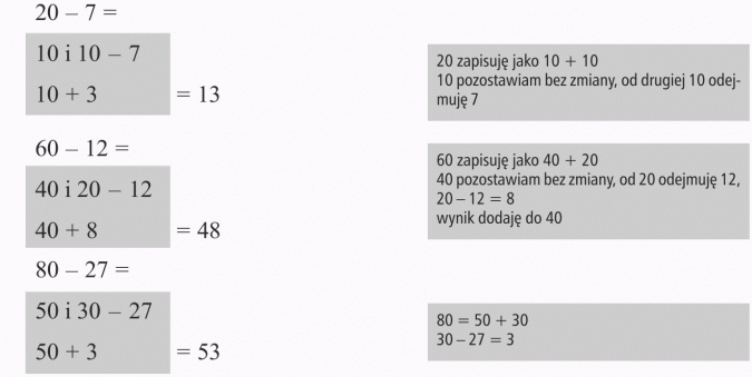 Odejmowanie. 20 zapisuję jako 10 + 10. 10 pozostawiam bez zmiany, od drugiej 10 odejmuję 7. 60 zapisuję jako 40 + 20. 40 pozostawiam bez zmiany, od 20 odejmuję 12, 20 - 12 = 8. Wynik dodaję do 40.