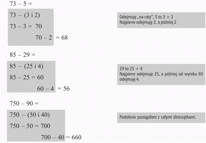 Odejmowanie. Odejmuję na raty, 5 to 3 + 2. Najpierw odejmuję 3, a później 2. 29 to 25 + 4. Najpierw odejmuję 25, a później od wyniku 60 odejmuję 4.