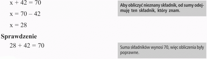 Zadania: dodawanie i odejmowanie. Aby obliczyć nieznany składnik, od sumy odejmuję ten składnik, który znam. Suma składników wynosi 70, więc obliczenia były poprawne.
