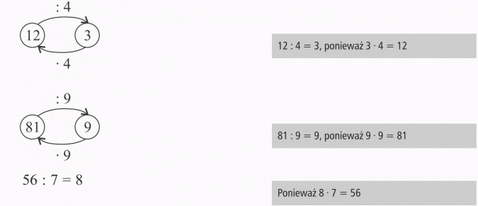 Dzielenie. 12 : 4 = 3, ponieważ 3 x 4 = 12. 81 : 9 = 9, ponieważ 9 x 9 = 81. Ponieważ 8 x 7 = 56.