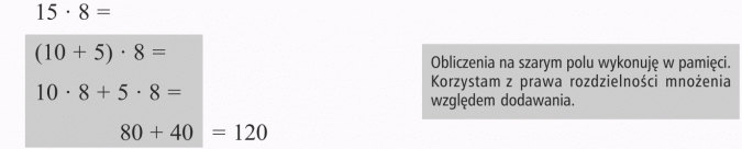 Zadania: mnożenie i dzielenie. Obliczenia na szarym polu wykonuję w pamięci. Korzystam z prawa rozdzielności mnożenia względem dodawania.