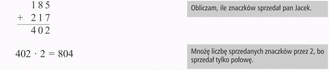 Zadania tekstowe. Obliczam, ile znaczków sprzedał pan Jacek. Mnożę liczbę sprzedanych znaczków przez 2, bo sprzedał tylko połowę.