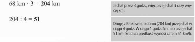 Zadania tekstowe. Jechał przez 3 godz., więc przejechał 3 razy więcej km. Drogę z Krakowa do domu (204 km) przejechał w ciągu 4 godz. W ciągu 1 godz. średnio przejechał 51 km. Średnia prędkość wynosi zatem 51 km/h.