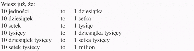 System dziesiątkowy zapisywania liczb. Wiesz już, że 10 jedności to 1 dziesiątka, 10 dziesiątek to 1 setka, 10 setek to 1 tysiąc, 10 tysięcy to 1 dziesiątka tysięcy, 10 dziesiątek tysięcy to 1 setka tysięcy, 10 setek tysięcy to 1 milion.