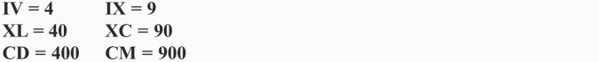 System rzymski zapisywania liczb. IV = 4. IX = 9. XL = 40. XC = 90. CD = 400. CM = 900.