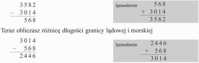 Odejmowanie pisemne. Teraz obliczasz różnicę długości granicy lądowej i morskiej.
