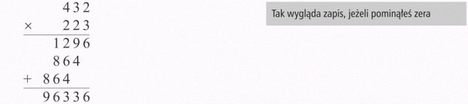 Mnożenie pisemne przez liczby wielocyfrowe. Tak wygląda zapis, jeżeli pominąłeś zera.