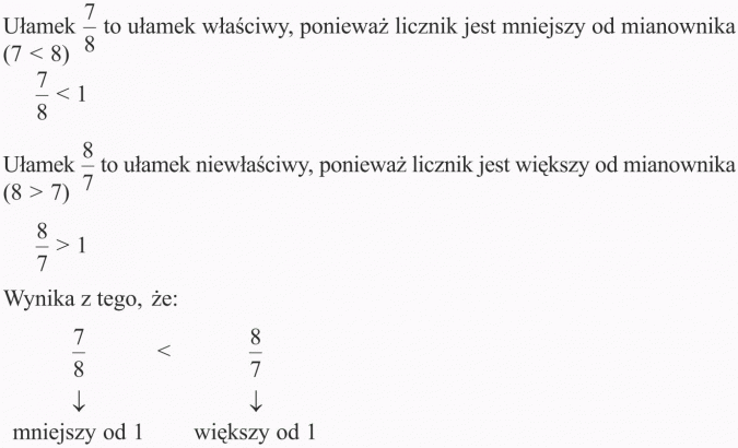 Ułamki niewłaściwe i liczby mieszane. Ułamek 7/8 to ułamek waściwy, ponieważ licznik jest mniejszy od mianownika. Ułamek 8/7 to ułamek niewłaściwy, ponieważ licznik jest większy od mianownika. Wynika z tego, że 7/8 (mniejszy od 1) mniejszy od 8/7 (większy od 1).