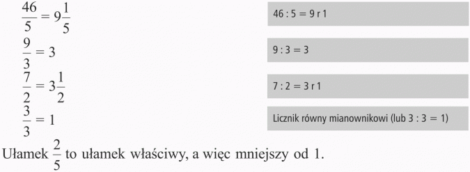 Ułamki niewłaściwe i liczby mieszane. Licznik równy mianownikowi (lub 3 : 3 = 1). Ułamek 2/5 to ułamek właściwy, a więc mniejszy od 1. 