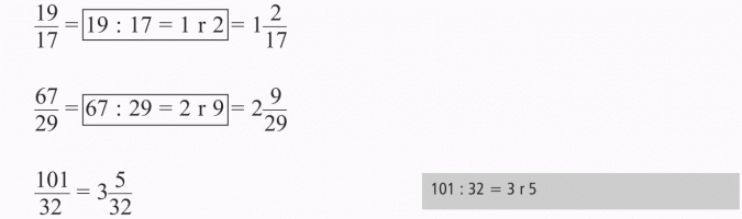 Ułamki i liczby mieszane. 101 : 32 = 3 r 5