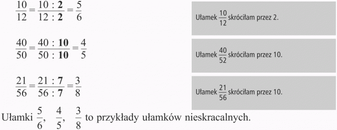 Rozszerzanie i skracanie ułamków. Ułamek 10/12 skróciłam przez 2. Ułamek 40/52 skróciłam przez 10. Ułamek 21/56 skróciłam przez 10. Ułamki 5/6, 4/5, 3/8 to przykłady ułamków nieskracalnych.