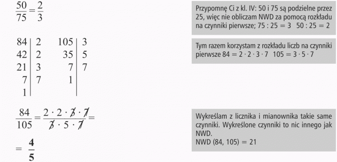 Rozszerzanie i skracanie ułamków. Przypomnę Ci z kl. IV: 50 i 75 są podzielne przez 25, więc nie obliczam NWD za pomocą rozkładu na czynniki pierwsze; 75 : 25 = 3, 50 : 25 = 2. Tym razem korzystam z rozkładu liczb na czynniki pierwsze 84 = 2 x 2 x 3 x 7, 105 = 3 x 5 x 7. Wykreślam z licznika i mianownika takie same czynniki. Wykreślone czynniki to nic innego jak NWD. NWD (84, 105) - 21