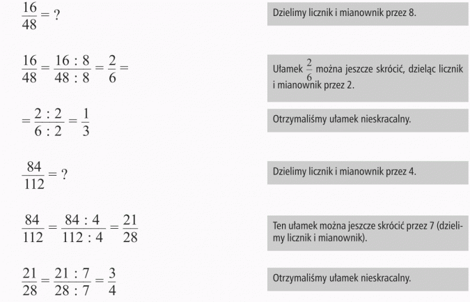 Skracanie ułamków. Dzielimy licznik i mianownik przez 8. Ułamek 2/6 można jeszcze skrócić, dzieląc licznik i mianownik przez 2. Otrzymaliśmy ułamek nieskracalny. Dzielimy licznik i mianownik przez 4. Ten ułamek można jeszcze skrócić przez 7 (dzielimy licznik i mianownik). Otrzymaliśmy ułamek nieskracalny.