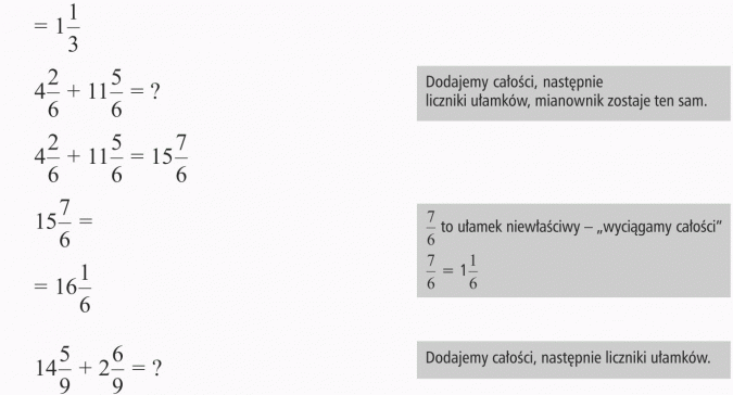 Dodawanie ułamków o tych samych mianownikach. Dodajemy całości, następnie liczniki ułamków, mianownik zostaje ten sam. 7/6 to ułamek niewłaściwy - wyciągamy całości. 7/6 = 1 1/6. Dodajemy całości, następnie liczniki ułamków.