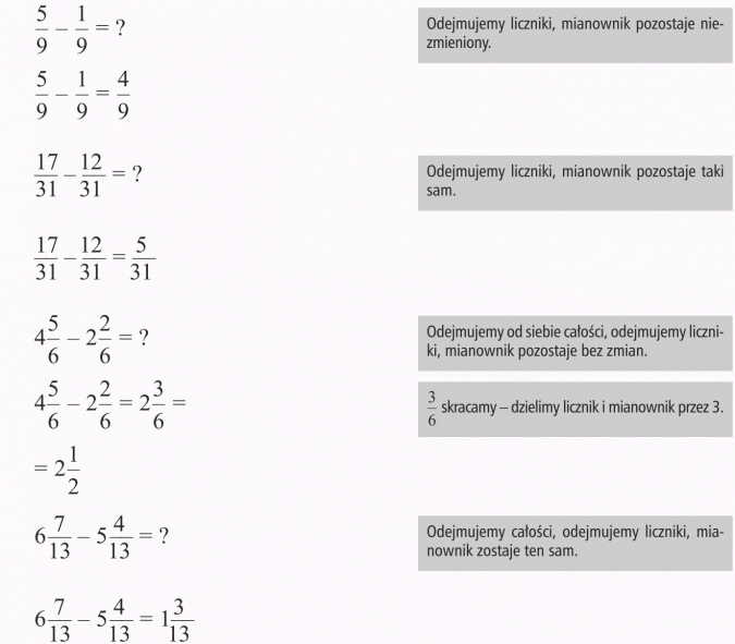 Odejmowanie ułamków o tych samych mianownikach. Odejmujemy liczniki, mianownik pozostaje niezmieniony. Odejmujemy liczniki, mianownik pozostaje taki sam. Odejmujemy od siebie całości, odejmujemy liczniki, mianownik pozostaje bez zmian. 3/6 skracamy - dzielimy licznik i mianownik przez 3. Odejmujemy całości, odejmujemy liczniki, mianownik zostaje ten sam.