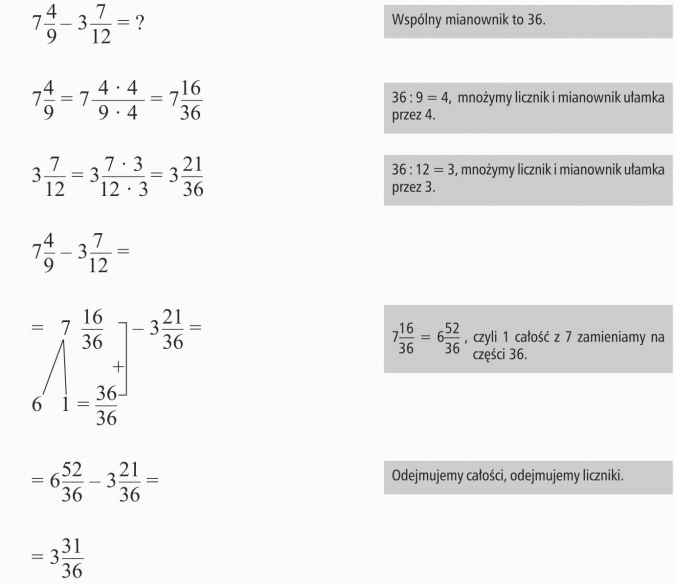 Odejmowanie ułamków o różnych mianownikach. Wspólny mianownik to 36. Mnożymy licznik i mianownik ułamka przez 4. Mnożymy licznik i mianownik ułamka przez 3. 7 16/36 = 6 52/36, czyli 1 całość z 7 zamieniamy na części 36. Odejmujemy całości, odejmujemy liczniki.