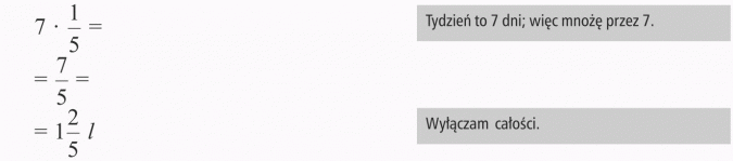 Mnożenie ułamków. Tydzień to 7 dni; więc mnożę przez 7. Wyłączam całości.