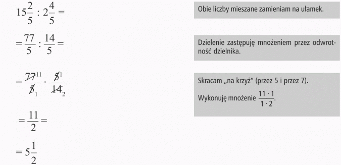 Dzielenie ułamków. Obie liczby mieszane zamieniam na ułamek. Dzielenie zastępuję mnożeniem przez odwrotność dzielnika. Skracam na krzyż (przez 5 i przez 7). Wykonuję mnożenie.
