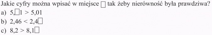 Porównywanie ułamków dziesiętnych. Jakie cyfry można wpisać w miejsce ... tak, żeby nierówność była prawdziwa?