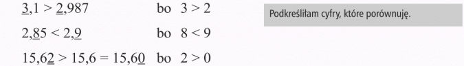 Porównywanie ułamków. Podkreśliłam cyfry, które porównuję.