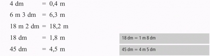 Zapisywanie wyrażeń dwumianowych. 18 dm = 1 m 8 dm, 45 dm = 4 m 5 dm.
