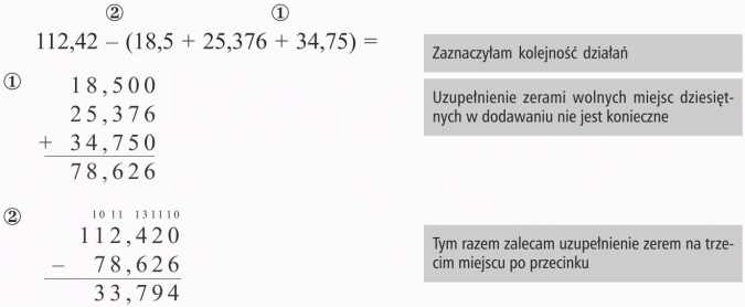 Odejmowanie ułamków dziesiętnych. Zaznaczyłam kolejność działań. Uzupełnienie zerami wolnych miejsc dziesiętnych w dodawaniu nie jest konieczne. Tym razem zalecam uzupełnienie zerem na trzecim miejscu po przecinku.