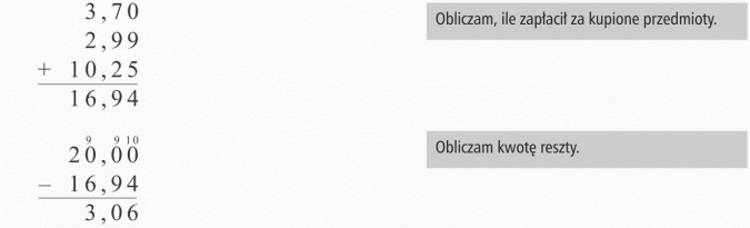 Dodawanie i odejmowanie ułamków. Obliczam, ile zapłacił za kupione przedmioty. Obliczam resztę kwoty.