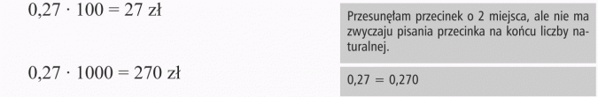 Mnożenie i dzielenie ułamków przez 10, 100, 1000 itd. Przesunęłam przecinek o 2 miejsca, ale nie ma zwyczaju pisania przecinka na końcu liczby naturalnej. 0,27 = 0,270.