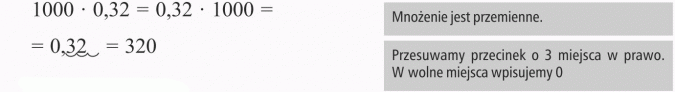 Mnożenie ułamków dziesiętnych przez 10, 100, 1000... Mnożenie jest przemienne. Przesuwamy przecinek o 3 miejsca w prawo. W wolne miejsca wpisujemy 0.