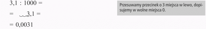Dzielenie ułamków dziesiętnych przez 10, 100, 1000... Przesuwamy przecinek o 3 miejsca w lewo, dopisujemy w wolne miejsca 0.