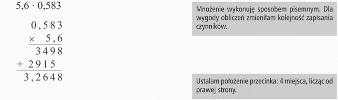 Mnożenie ułamków dziesiętnych. Mnożenie wykonuję sposobem pisemnym. Dla wygody obliczeń zmieniłam kolejność zapisania czynników. Ustalam położenie przecinka: 4 miejsca, licząc od prawej strony.