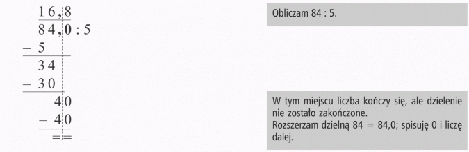 Dzielenie ułamków. Obliczam 84 : 5. W tym miejscu liczba kończy się, ale dzielenie nie zostało zakończone. Rozszerzam dzielną 84 = 84,0; spisuję 0 i liczę dalej.
