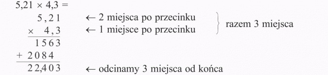 Mnożenie ułamków dziesiętnych. 2 miejsca po przecinku, 1 miejsce po przecinku, razem 3 miejsca, odcinamy 3 miejsca od końca.