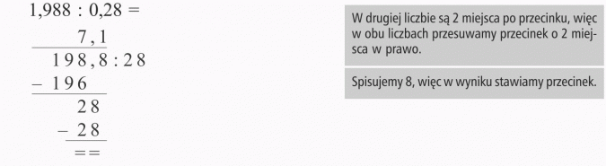 Dzielenie ułamków dziesiętnych. W drugiej licznie są 2 miejsca po przecinku, więc w obu liczbach przesuwamy przecinek o 2 miejsca w prawo. Spisujemy 8, więc w wyniku stawiamy przecinek.