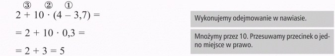 Działania na ułamkach dziesiętnych. Wykonujemy odejmowanie w nawiasie. Mnożymy przez 10. Przesuwamy przecinek o jedno miejsce w prawo.