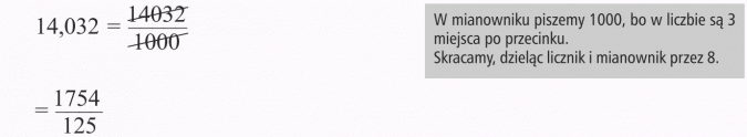 Zamiana ułamków dziesiętnych na ułamki zwykłe. W mianowniku piszemy 1000, bo w liczbie są 3 miejsca po przecinku. Skracamy, dzieląc licznik i mianownik przez 8.