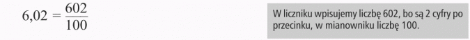 Zamiana ułamków dziesiętnych na ułamki zwykłe. W liczniku wpisujemy liczbę 602, bo są 2 cyfry po przecinku, w mianowniku liczbę 100.