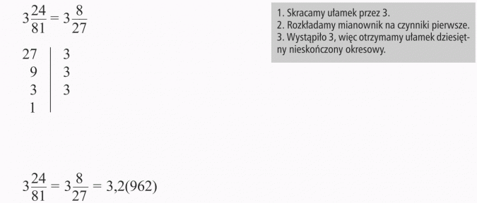 Zamiana ułamków zwykłych na dziesiętne. Skracamy ułamek przez 3. Rozkładamy mianownik na czynniki pierwsze. Wystąpiło 3, więc otrzymamy ułamek dziesiętny nieskończony okresowy.