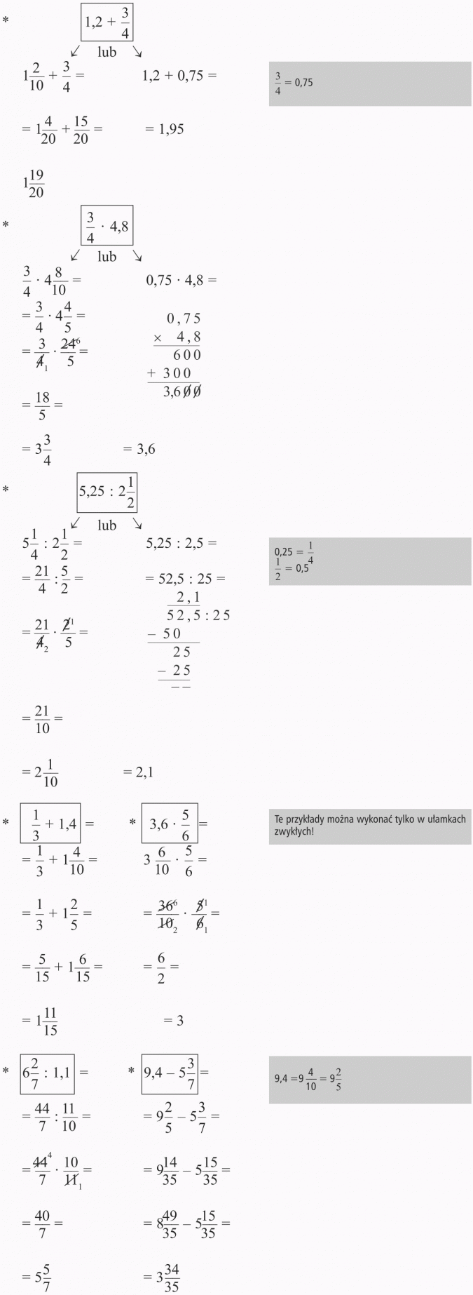 Działania na ułamkach zwykłych i dziesiętnych. Te przykłady można wykonać tylko w ułamkach zwykłych!