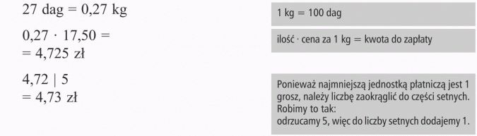 Liczby na co dzień. 1 kg = 100 dag. Ilość x cena za 1 kg = kwota do zapłaty. Ponieważ najmniejszą jednostką płatniczą jest 1 grosz, należy liczbę zaokrąglić do części setnych. Robimy to tak: odrzucamy 5, więc do liczby setnych dodajemy 1.